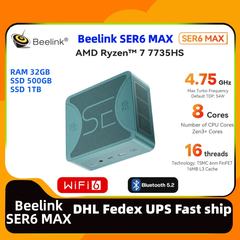  Beelink SER6 MAX AMD Ryzen7 7735HS ̴ PC RAM 32G SSD 500G DDR5 WiFi6 繫 DP ũž ӿ ̴ PC Beelink ser6 MAX
